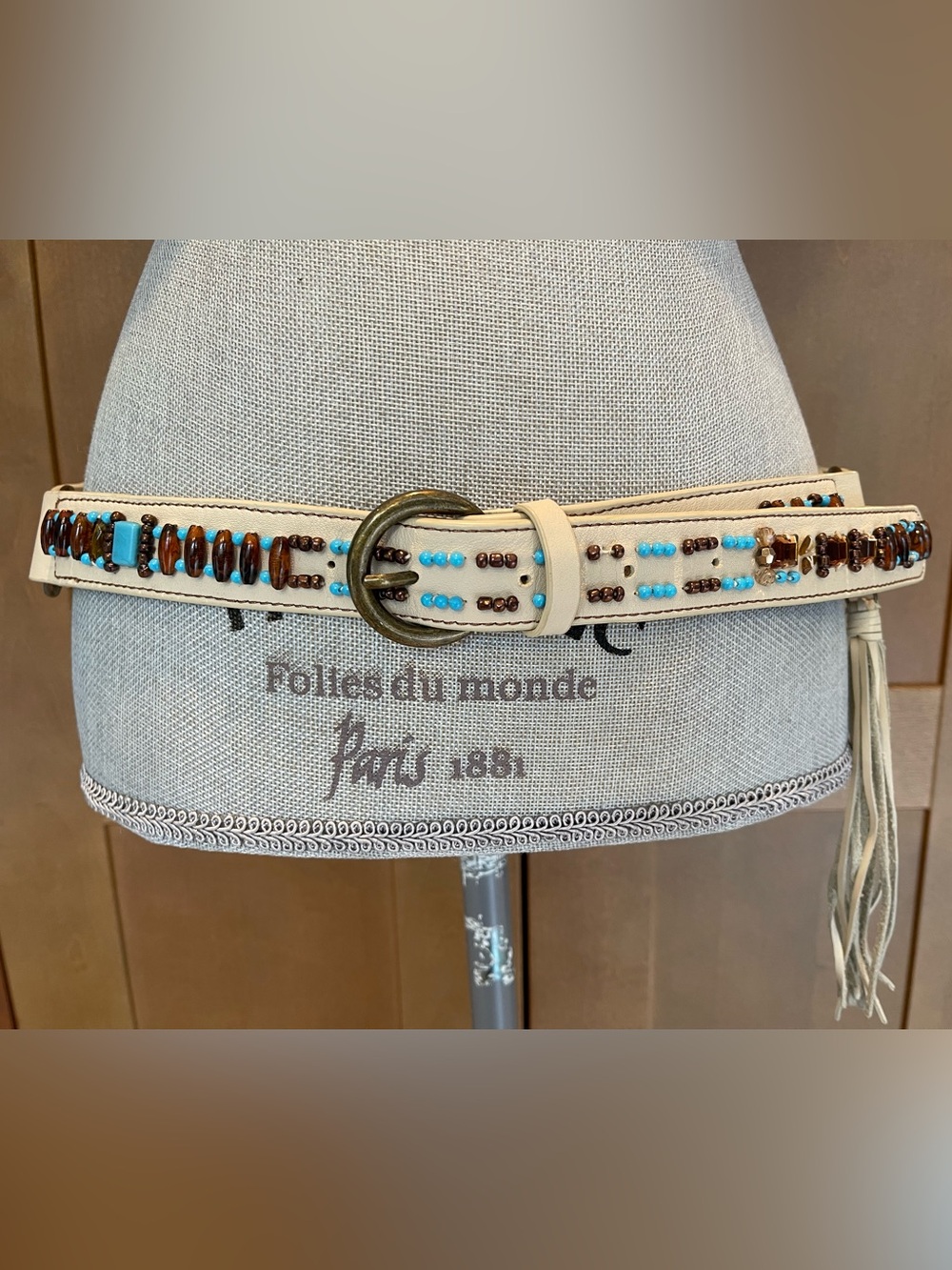 Braccialini Italy Cream Leather Belt w/ Turquoise & Brown Glass Beads/Tassel M/L